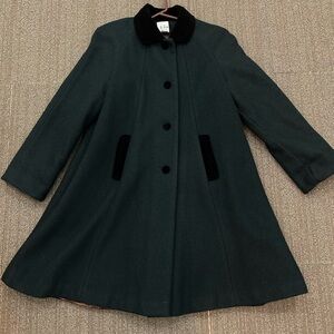 Vintage Jo Lene Dark Green Wool Blend Overcoat Size 14 Velvet Collar Bow Accent